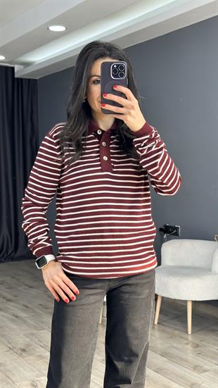 Bordo Krem Çizgili Polo Yaka Triko