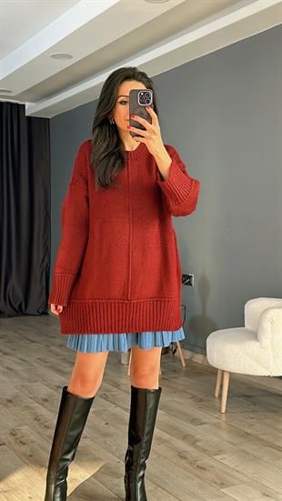 Bordo Önü Dikişli Bisiklet Yaka Salaş Kazak
