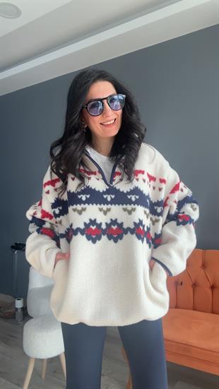 Ekru Lacivert Geometrik Desenli Fermuarlı Sweatshirt