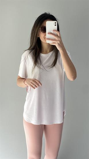 Beyaz Bisiklet Yaka Lazer Kesim Modal Kumaş T-shirt