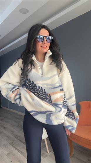 Ekru Mavi Desenli Fermuarlı Sweatshirt