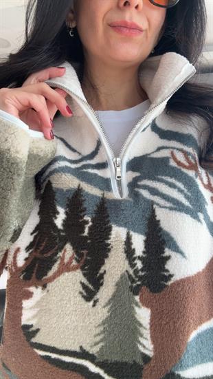 Ekru Haki Geyikli Dağlı Desenli Fermuarlı Sweatshirt