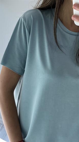 Su Yeşili Bisiklet Yaka Lazer Kesim Modal Kumaş T-shirt