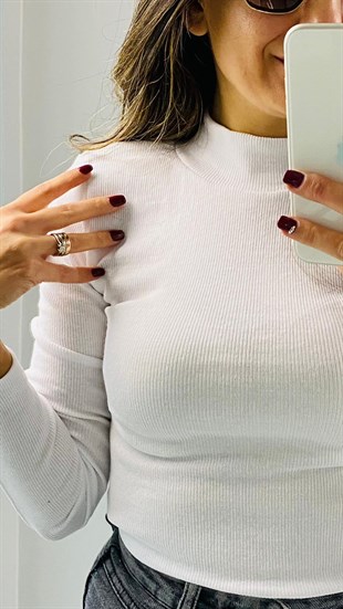 Beyaz Yarım Balıkçı Yaka Kaşkorse Bluz