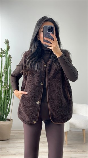 Kahve Önü Düğmeli Polar Yelek