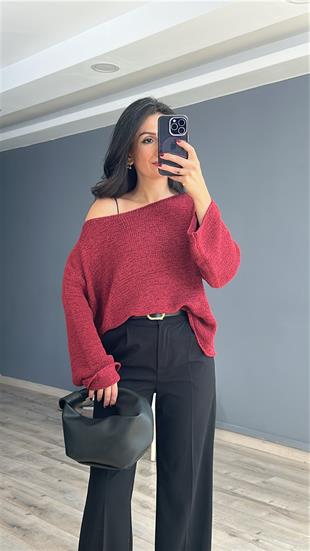 Bordo Kayık Yaka Merserize Triko