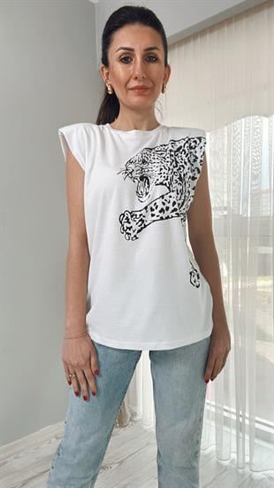 Beyaz Önü Baskılı Vatkalı Bisiklet Yaka Basic T-Shirt