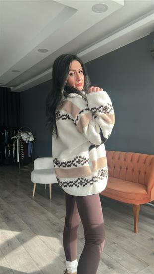 Ekru Kahve Geyik Desenli Fermuarlı Sweatshirt