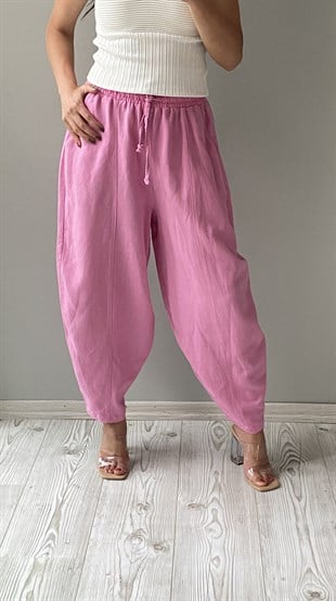 Pembe Şalvar Kesim Keten Pantolon