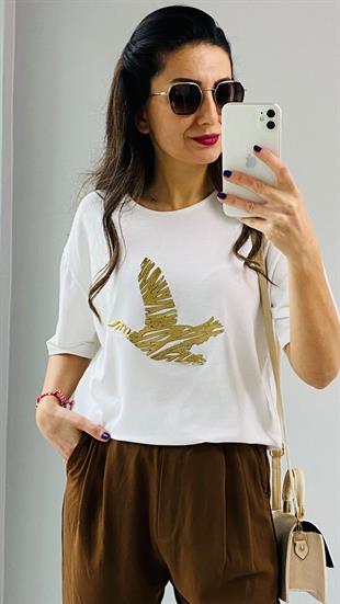 Ekru Gold Kuş Detaylı T-shirt
