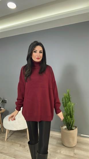 Bordo Balıkçı Yaka Triko Kazak