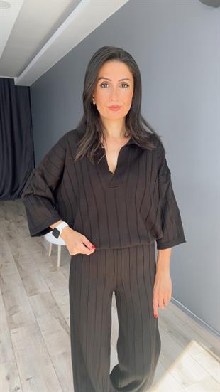 Siyah Polo Yaka Fitilli Triko Takım