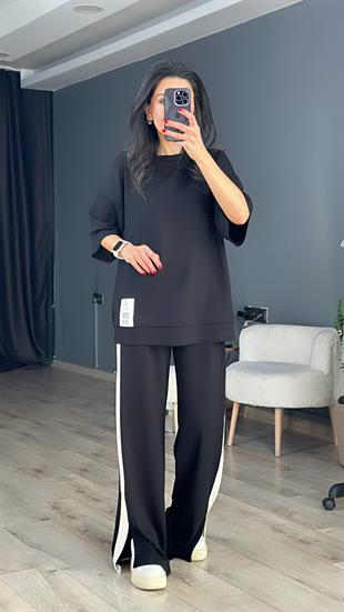 Siyah Modal Kumaş Zr Amblemli Bisiklet Yaka Salaş T-Shirt