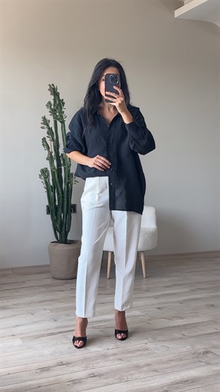 Siyah Düşük Omuz Oversize Gömlek
