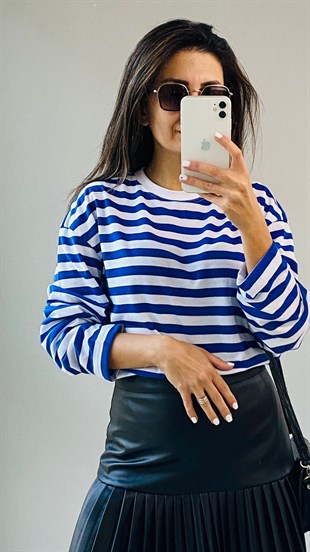 Saks Çizgili Bisiklet Yaka Basic