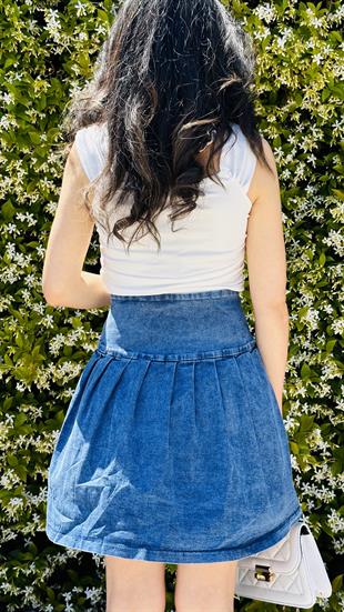 Mavi Denim İçi Şort Astarlı Pileli Etek