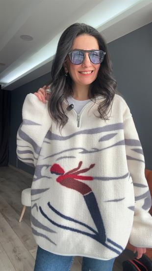 Ekru Kayakçı Kız Desenli Fermuarlı Sweatshirt