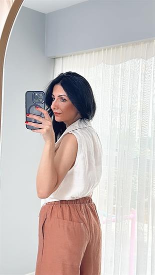 Kiremit Beli Lastikli İp bağlamalı Keten Pantolon