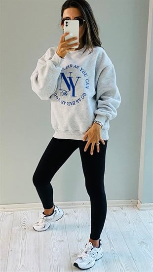 Gri Ny Nakışlı Sweatshirt