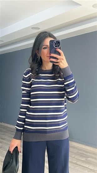 Lacivert Üzeri Antrasit Ekru Çizgili Bisiklet Yaka Triko