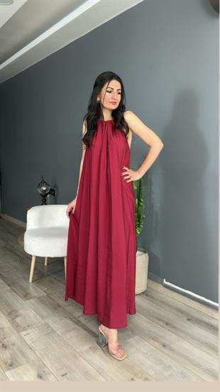 Bordo Boyun Bağlamalı Modal Elbise