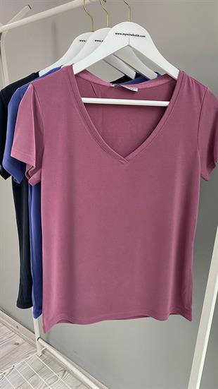 Gül Kurusu V Yaka Modal Kumaş T-Shirt