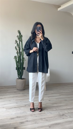 Siyah Düşük Omuz Oversize Gömlek