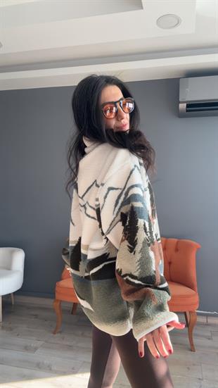 Ekru Haki Geyikli Dağlı Desenli Fermuarlı Sweatshirt