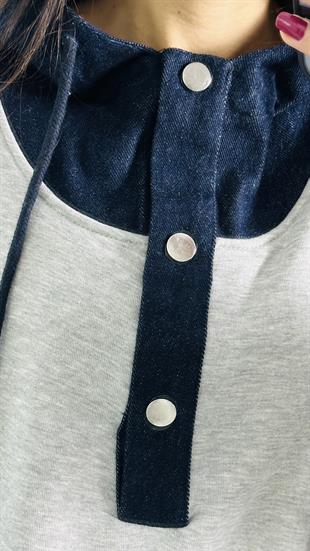 Gri Melanj Jean Garnili Cepli Kapşonlu Sweatshirt