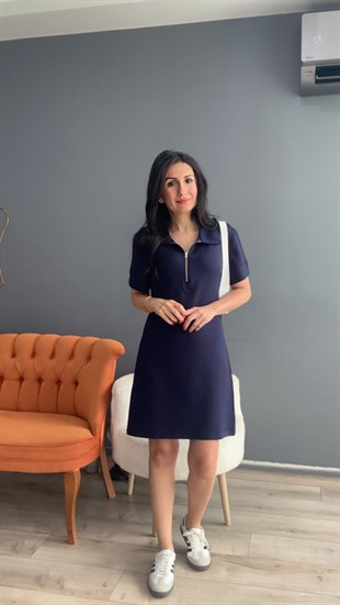 Lacivert Polo Yaka Fermuarlı Modal Elbise