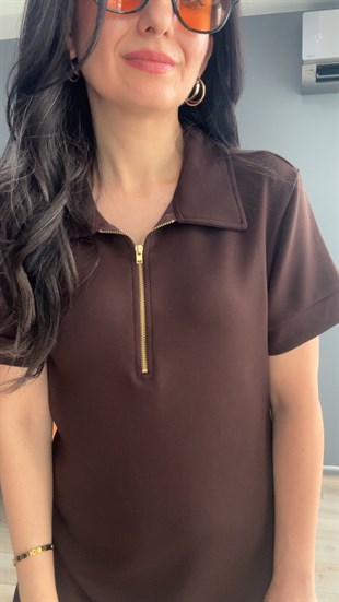 Kahve Polo Yaka Fermuarlı Modal Elbise