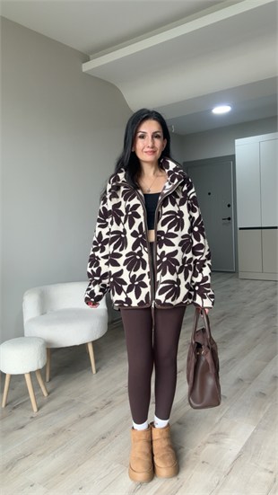 Ekru Kahve Çiçek Desenli Fermuarlı Polar Ceket