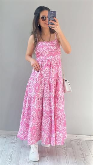 Pembe Poplin Kumaş Büzgülü Kat Kat elbise
