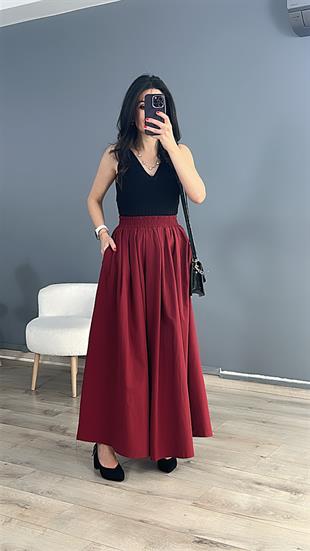 Bordo Bel Kısmı Pileli Beli Lastikli Maxi boy Etek