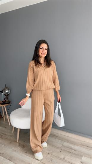 Camel Polo Yaka Fitilli Triko Takım