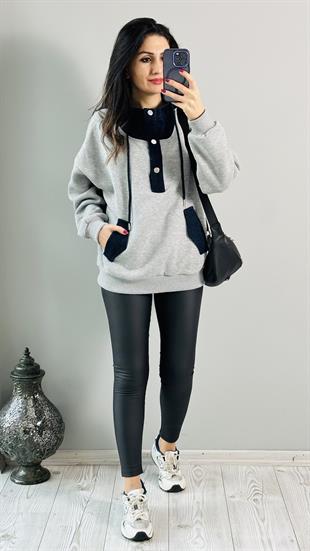 Gri Melanj Jean Garnili Cepli Kapşonlu Sweatshirt