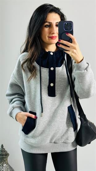 Gri Melanj Jean Garnili Cepli Kapşonlu Sweatshirt