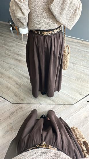 Kahve Bel Kısmı Pileli Beli Lastikli Maxi Boy Etek