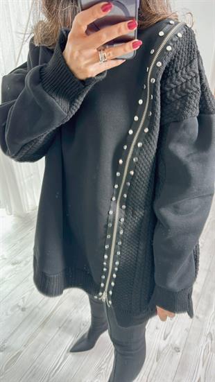 Siyah Fermuarlı Taş Detaylı Model Tasarım Sweatshirt
