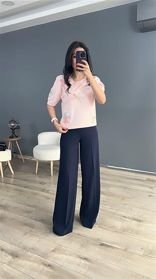 Pudra Önü Tül Çiçek Detaylı Triko Bluz
