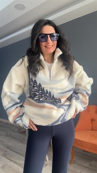 Ekru Mavi Desenli Fermuarlı Sweatshirt