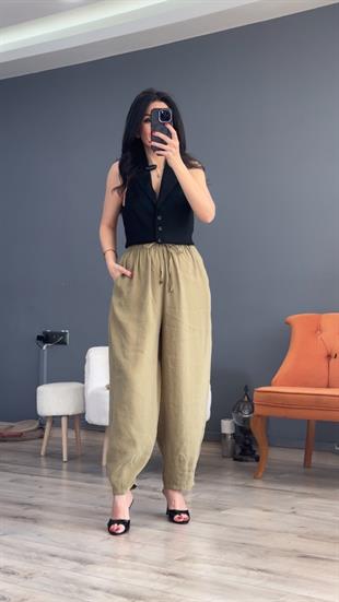 Haki Beli Lastikli Modal Şalvar Görünümlü Pantolon