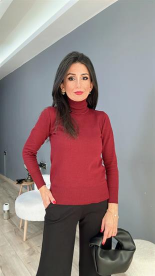 Bordo Balıkçı Yaka Fitilli Triko