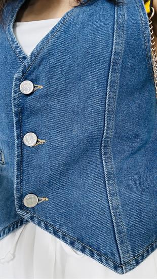 Mavi Cep Detaylı Denim Yelek