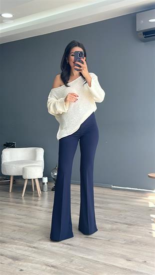 Lacivert Tek Düğmeli İspanyol Paça Pantolon