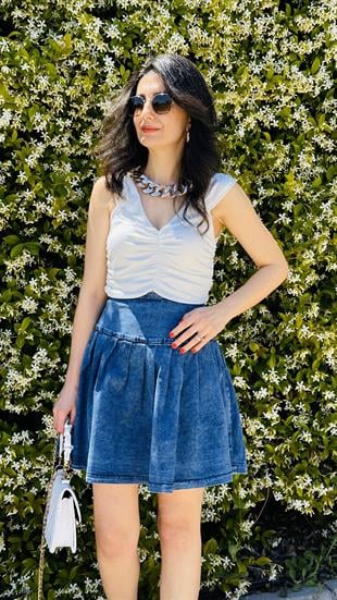 Mavi Denim İçi Şort Astarlı Pileli Etek