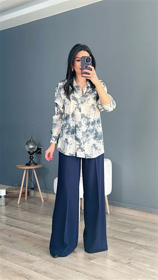 Lacivert Batik Baskılı Vual Gömlek