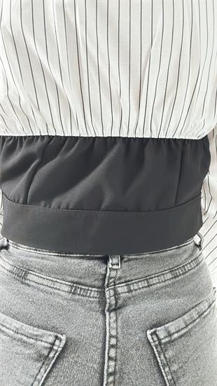 Beyaz Siyah Çizgili Garnili Crop Gömlek