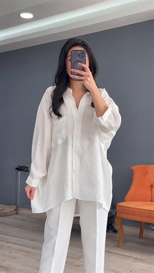 Beyaz Düşük Omuz Oversize Gömlek