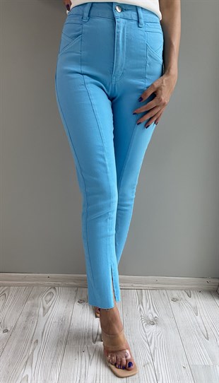 Mavi Gabardin Yırtmaçlı Pantolon